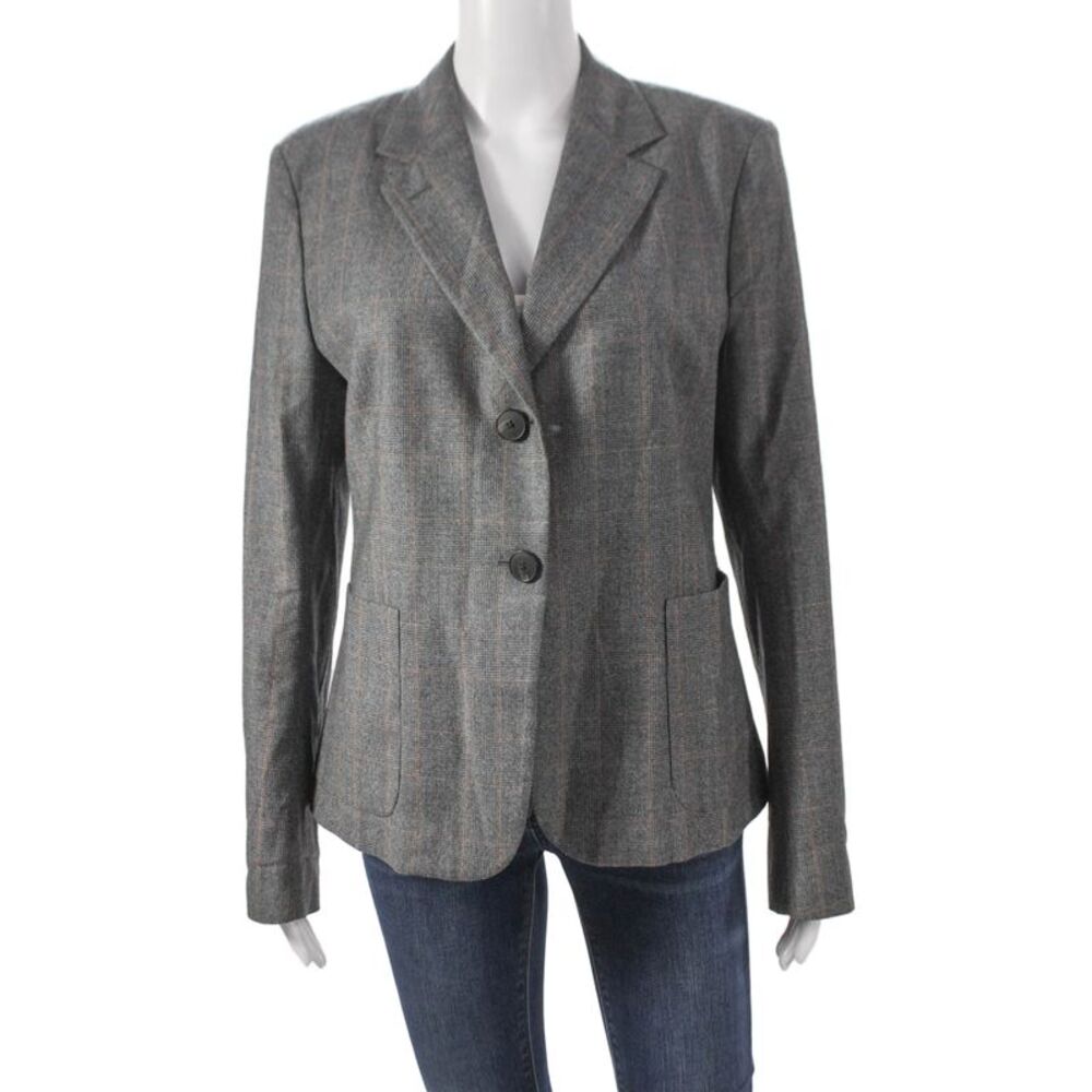 Sharis Womens Wool Plaid Basic Jacket Gray Button Long Sleeve Size 48
